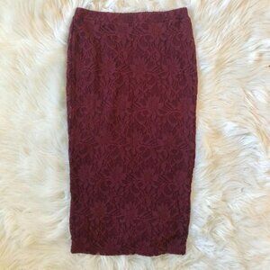 Search for Sanity Maroon Red Lace Pencil Midi Skirt Stretch XS